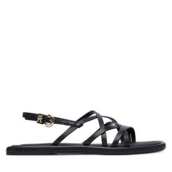 Sandały Tommy Hilfiger. Czarne sandały damskie Tommy Hilfiger, bez wzorów, bez obcasa, na płaskiej podeszwie, bez zapięcia. Za 449.99 zł.