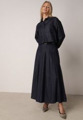 Niebieski Bawełniano-Wiskozowy Komplet z Imitacji Jeansu Spódnica i Koszula Peshophi. Niebieskie koszule damskie Born2be, m, bez wzorów, z bawełny, eleganckie, bez kołnierzyka, bez ramiączek. Za 259.99 zł.