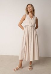 Beżowa Sukienka o Rozkloszowanym Kroju z Wiskozą i Bawełną z Paskiem Kelaliria. Brązowe sukienki damskie Born2be, bez wzorów, z bawełny, eleganckie, bez ramiączek. Za 159.99 zł.