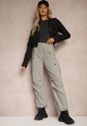 Szare Spodnie Cargo High Waist z Ozdobnymi Kieszeniami Leriora. Szare spodnie materiałowe damskie Renee, bez wzorów, z jeansu. Za 39.99 zł.