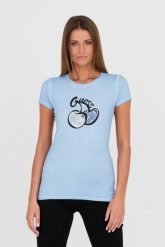 GUESS Niebieski t-shirt z printem i cyrkoniami. Niebieskie t-shirty damskie Guess, s, z aplikacjami, bez kołnierzyka. W wyprzedaży za 207.99 zł.