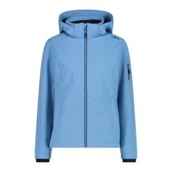 Damska kurtka turystyczna z kapturem CMP. Niebieskie kurtki sportowe damskie CMP, xs, bez wzorów, z softshellu, z kapturem. Za 371.50 zł.