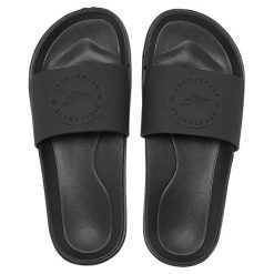Klapki damskie 4F 4FWSS25FSLIF018. Czarne klapki damskie 4F, bez wzorów, z materiału, bez obcasa, bez zapięcia. Za 69.99 zł.
