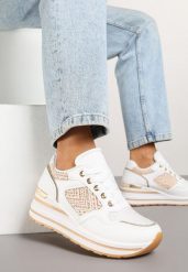 Białe Sneakersy na Koturnie z Geometrycznym Wzorem i Brokatem Tillineira. Białe obuwie sportowe damskie Renee, z jeansu, bez zapięcia. Za 89.99 zł.