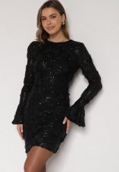 Czarna Cekinowa Sukienka z Kwiatami 3D Naweda. Czarne sukienki damskie Born2be, bez wzorów, z jeansu, biznesowe, bez ramiączek. Za 209.99 zł.