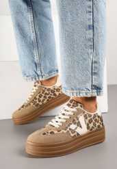 Beżowe Panterkowe Sneakersy w Stylu Tenisówek Ellienne. Brązowe obuwie sportowe damskie Born2be, z jeansu, bez zapięcia, tenisowe. Za 89.99 zł.