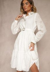 Biała Haftowana Sukienka z Bawełny Folisse. Białe sukienki damskie Renee, bez wzorów, z bawełny, eleganckie, bez ramiączek. W wyprzedaży za 119.99 zł.