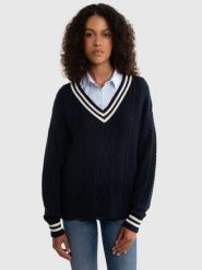 Sweter damski z wiskozy z dekoltem v-neck granatowy Cyntylia 403. Niebieskie swetry klasyczne damskie Big Star, l, z materiału, bez kołnierzyka. W wyprzedaży za 159.99 zł.
