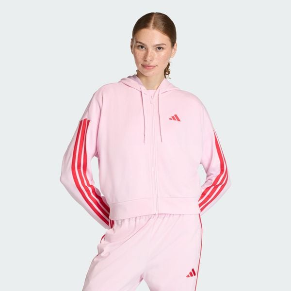 Bluza z kapturem Essentials 3-Stripes French Terry Full-Zip. Białe bluzy damskie Adidas, l, bez wzorów, z bawełny, z kapturem. Za 265.50 zł.