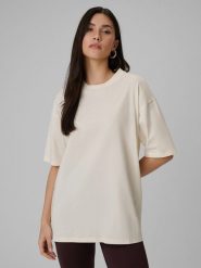 4F T-shirt loose gładki damski - beżowy L. Brązowe t-shirty damskie 4F, l, bez wzorów, z bawełny, bez kołnierzyka. Za 59.99 zł.