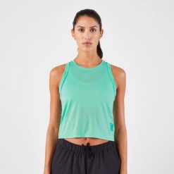 Koszulka do biegania bez rękawów damska Kiprun Run 500. Niebieskie koszulki damskie KIPRUN, m, bez wzorów, z materiału, bez kołnierzyka, bez ramiączek. Za 59.99 zł.