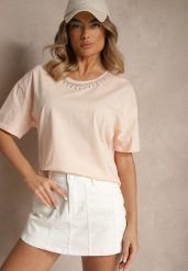 Beżowy T-shirt z Bawełny z Cyrkoniami Fadeola. Brązowe t-shirty damskie Renee, l, bez wzorów, z bawełny, bez kołnierzyka. Za 39.99 zł.