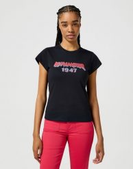 WRANGLER DAMSKA KOSZULKA WRANGLER SHRUNKEN BAND TEE BLACK 112355289. Czarne bluzki damskie Wrangler, xs, bez wzorów, bez kołnierzyka, bez ramiączek. Za 89.99 zł.