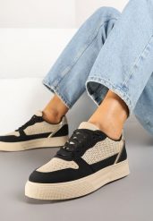 Beżowo-Czarne Sneakersy na Platformie Ozdobione Plecionką Perforacją i Brokatem Tulreia. Brązowe obuwie sportowe damskie Renee, z jeansu, bez zapięcia. Za 79.99 zł.
