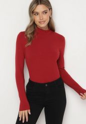 Bordowa Bawełniana Bluzka na Długi Rękaw z Półgolfem Riabeth. Czerwone bluzki damskie Born2be, l, bez wzorów, z bawełny, eleganckie, bez kołnierzyka, bez ramiączek. Za 29.99 zł.