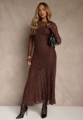 Brązowa Elegancka Sukienka z Koronki z Odkrytymi Plecami Lilafera. Brązowe sukienki damskie Renee, bez wzorów, z jeansu, eleganckie, bez ramiączek. Za 159.99 zł.