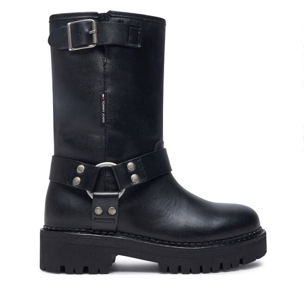 Botki Tommy Jeans. Czarne botki damskie Tommy Jeans, z jeansu, bez obcasa, na płaskiej podeszwie, bez zapięcia. Za 473.99 zł.
