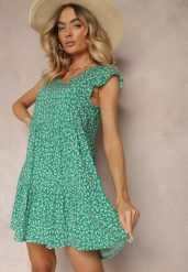 Zielona Rozkloszowana Sukienka z Bawełny Ozdobiona Falbanką Crisandra. Zielone sukienki damskie Renee, bez wzorów, z bawełny, eleganckie, bez ramiączek. W wyprzedaży za 39.99 zł.