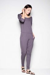 Szary Komfortowy Kombinezon z Szerokim Dekoltem. Szare kombinezony damskie Venaton, l, bez wzorów, z elastanu, eleganckie, bez kołnierzyka, bez ramiączek. Za 249.00 zł.
