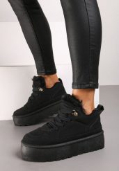 Czarne Sneakersy w Stylu Śniegowców z Futerkiem na Platformie Mavione. Czarne obuwie sportowe damskie Born2be, na zimę, z materiału, bez zapięcia. Za 109.99 zł.