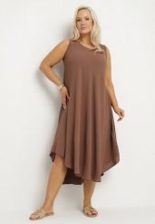 Brązowa Rozkloszowana Sukienka z Bawełną Nairilo. Brązowe sukienki damskie Born2be, bez wzorów, z bawełny, eleganckie, bez ramiączek. Za 99.99 zł.