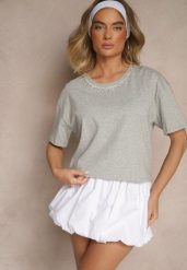 Szary T-shirt z Bawełny z Cyrkoniami Fadeola. Szare t-shirty damskie Renee, l, bez wzorów, z bawełny, bez kołnierzyka. Za 39.99 zł.