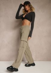 Zielone Spodnie Cargo z Bawełną o Szerokim Kroju High Waist Mairiora. Zielone spodnie materiałowe damskie Renee, bez wzorów, z bawełny. Za 39.99 zł.