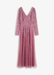 Wieczorowa sukienka maxi z cekinami. Fioletowe sukienki damskie bonprix, bez wzorów, eleganckie, bez ramiączek. Za 429.99 zł.