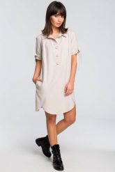 Tunika koszulowa z kołnierzykiem beżowa lniana. Brązowe sukienki damskie Sukienki.shop, bez wzorów, z jeansu, biznesowe, bez ramiączek. Za 229.00 zł.