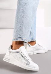 Białe Sneakersy z Brokatem i Metaliczną Wstawką Selien. Białe obuwie sportowe damskie Renee, bez zapięcia. Za 69.99 zł.