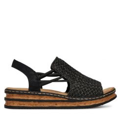 Sandały Rieker. Czarne sandały damskie Rieker, bez wzorów, bez obcasa, na koturnie, bez zapięcia. Za 299.99 zł.