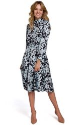 Rozkloszowana Sukienka w Kwiaty ze Stójką - Model 4. Czarne sukienki damskie MOE, bez wzorów, z materiału, wizytowe, bez ramiączek. Za 324.90 zł.