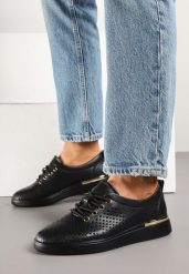 Czarno-Złote Skórzane Sneakersy Ozdobione Perforacją Asozi. Czarne obuwie sportowe damskie Born2be, z jeansu, bez zapięcia, trekkingowe. Za 179.99 zł.
