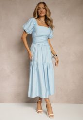 Niebieska Sukienka Wiskozowa Drapowana z Rozkloszowanym Dołem Naprine. Niebieskie sukienki damskie Renee, bez wzorów, z wiskozy, eleganckie, bez ramiączek. W wyprzedaży za 119.99 zł.