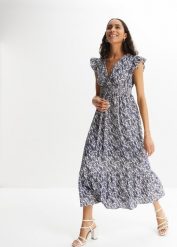 Sukienka midi z rękawami motylkowymi. Niebieskie sukienki damskie bonprix, bez wzorów, eleganckie, bez ramiączek. Za 139.99 zł.