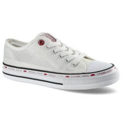 Białe Trampki Cross Jeans Damskie Wygodne Obuwie. Białe trampki damskie Cross Jeans, w ażurowe wzory, z jeansu, bez zapięcia. Za 85.00 zł.