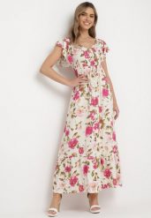Jasnobeżowa Rozkloszowana Sukienka Maxi z Wiskozy w Kwiatowy Print Unadis. Brązowe sukienki damskie Born2be, bez wzorów, z wiskozy, bez ramiączek. Za 129.99 zł.