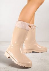 Beżowe Kalosze z Lakierowanym Wykończeniem i Ściągaczem Egdula. Brązowe kalosze damskie Renee, bez wzorów, z jeansu. Za 99.99 zł.