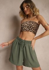 Ciemnozielone Szorty z Wiskozą High Waist Puvione. Zielone szorty damskie Renee, bez wzorów, z wiskozy, z podwyższonym stanem. Za 24.99 zł.