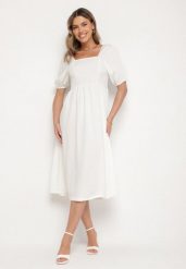 Biała Rozkloszowana Sukienka z Bufiastymi Rękawami Kolireva. Białe sukienki damskie Born2be, bez wzorów, eleganckie, bez ramiączek. W wyprzedaży za 93.49 zł.