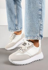 Biało-Beżowe Sneakersy na Platformie z Geometrycznym Wzorem Aluina. Białe obuwie sportowe damskie Renee, z jeansu, bez zapięcia. Za 89.99 zł.
