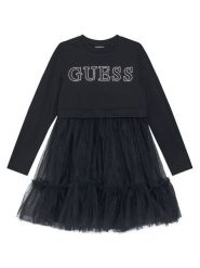 Guess Sukienka codzienna J5YK03 KAUH0 Czarny Regular Fit. Czarne sukienki dziewczęce Guess, z aplikacjami, z syntetyku, bez ramiączek, proste. Za 259.99 zł.
