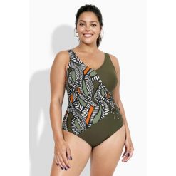Damskie Strój kąpielowy efekt kopertowy miękkie miseczki ozdobne taśmy. Zielone stroje jednoczęściowe Ulla Popken, bez wzorów, z elastanu. Za 239.99 zł.