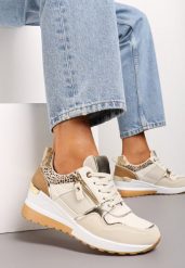 Beżowo-Brązowe Sneakersy na Niewysokim Koturnie Ozdobione Suwakiem i Wstawkami Liorrama. Brązowe obuwie sportowe damskie Renee, z materiału, bez zapięcia. Za 99.99 zł.
