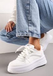 Białe Sznurowane Sneakersy na Platformie z Metalicznymi Wstawkami Arileva. Białe obuwie sportowe damskie Renee, z jeansu, bez zapięcia. Za 79.99 zł.