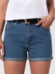 Szorty jeansowe mom high waist - granatowy. Niebieskie spodenki sportowe damskie Sinsay, l, bez wzorów, z bawełny, z podwyższonym stanem. W wyprzedaży za 39.99 zł.