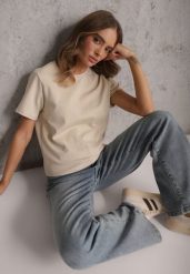 Beżowy Casualowy T-shirt z Bawełny Nealiara. Brązowe t-shirty damskie Renee, m, z aplikacjami, z bawełny, bez kołnierzyka. Za 74.99 zł.