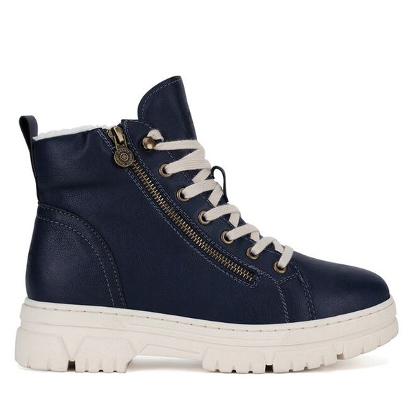 Trzewiki Go Soft. Niebieskie botki damskie GO SOFT, bez obcasa, na płaskiej podeszwie, bez zapięcia. Za 229.99 zł.