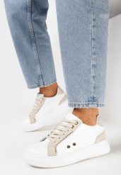 Biało-Beżowe Sneakersy przed Kostkę na Grubej Podeszwie z Metalicznymi Wstawkami Aglimria. Białe obuwie sportowe damskie Born2be, przed kostkę, bez zapięcia. Za 89.99 zł.