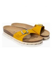 Sunbay Skórzane klapki "Jasmin" w kolorze musztardowym rozmiar: 36. Żółte klapki damskie Sunbay, bez wzorów, z otwartym noskiem, bez obcasa, bez zapięcia. Za 129.75 zł.